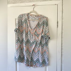 Lovely Melody V-Neck Chevron Blouse in Peach & Mint 3XL EUC